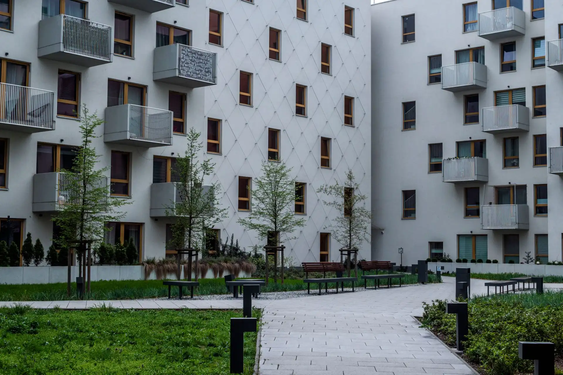 Contemporary apartment complex with a landscaped courtyard and mature trees